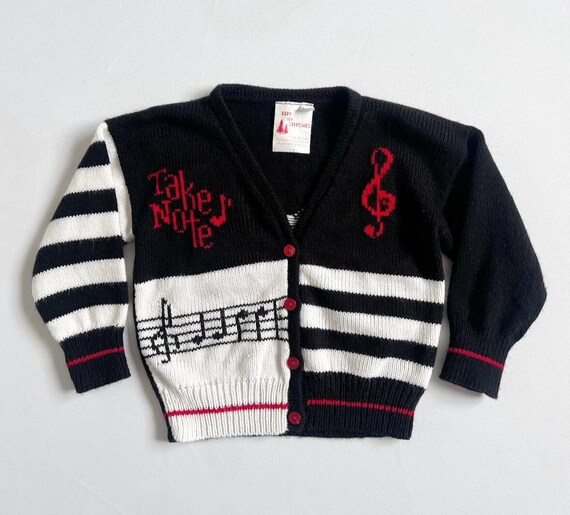 Vintage Musical Note Knit Cardigan Black/White 2T - image 1