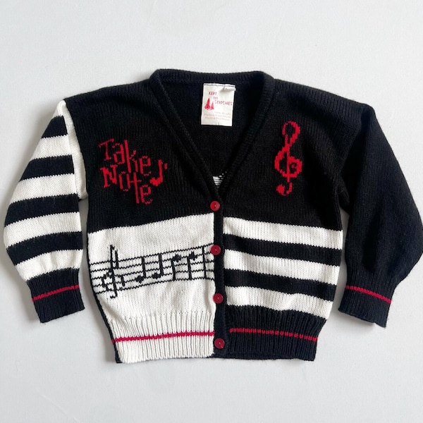 Vintage Musical Note Knit Cardigan Black/White 2T