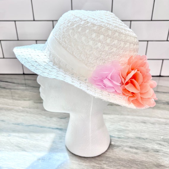 Vintage Girl’s Straw Hat White/Pink Flowers Toddl… - image 1