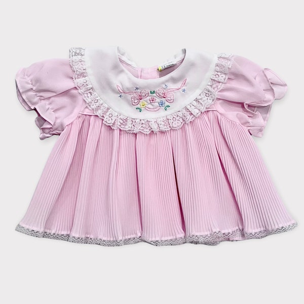 Vintage Lace and Embroidery Bib Collar Dress Pastel Pink 3-6M