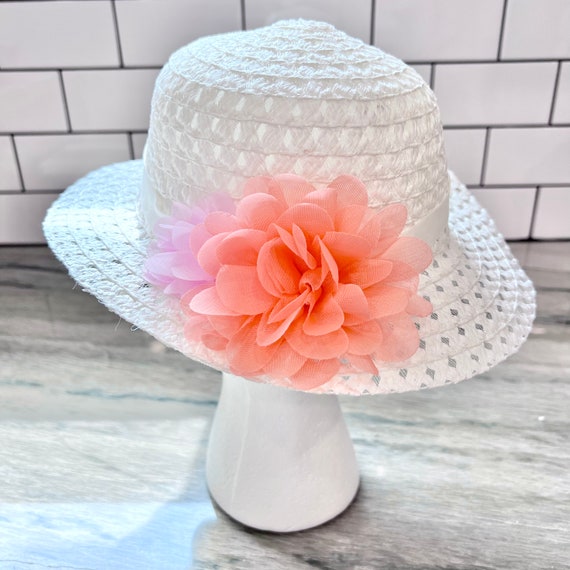 Vintage Girl’s Straw Hat White/Pink Flowers Toddl… - image 3