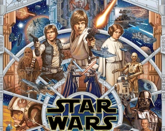 May include: A colorful illustration featuring characters from the Star Wars franchise, including Luke Skywalker, Princess Leia, Han Solo, Chewbacca, Darth Vader, and R2-D2. The image is set against a backdrop of starships and planets.