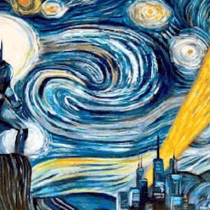 May include: A painting in the style of Vincent van Gogh's "Starry Night" featuring a dark blue silhouette of Batman flying over a cityscape with a yellow spotlight.