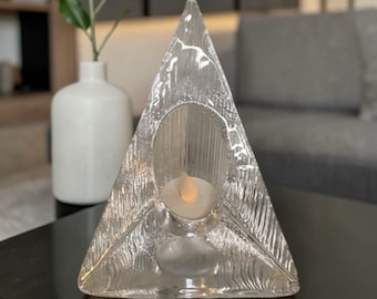 Vintage kunst glazen piramide kandelaar helder sculpturaal votief MCM modern