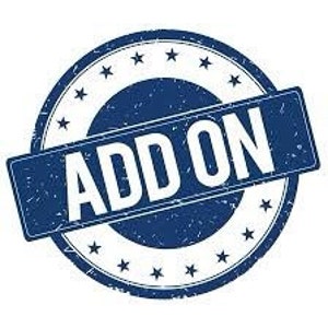 May include: Blue and white distressed round stamp with the word "ADD ON" in white letters.