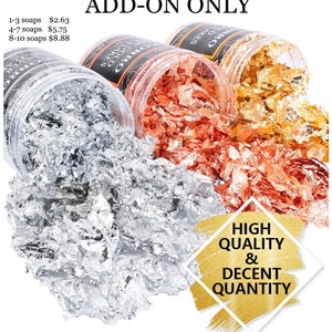 May include: Three jars of metallic flakes in silver, copper, and gold, spilling out onto a white surface. The text "ADD-ON ONLY" is at the top. A gold and white graphic reads "HIGH QUALITY & DECENT QUANTITY".