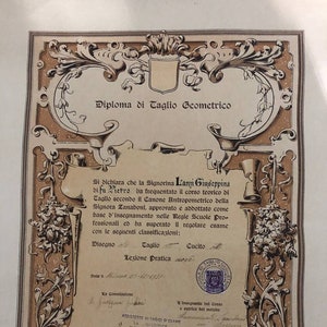 Diploma de Geometría Antigua, cosecha 1938. hecho en Italia