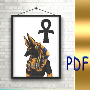 モダンなクロスステッチパターン「アヌビス」、PDF 神アヌビス | エジプトの神 | 古代エジプト | 神話 - 即時ダウンロード、。アンク