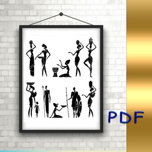 Modern cross stitch pattern "African life", PDF african people silhouettes, black and white easy pattern