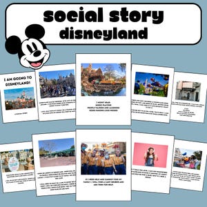 Può includere: Una raccolta di storie sociali su Disneyland, con Topolino. Le storie riguardano vari aspetti di una visita, tra cui folle, giostre e la ricerca di aiuto. Il testo include "I AM GOING TO DISNEYLAND!" e "social story disneyland."
