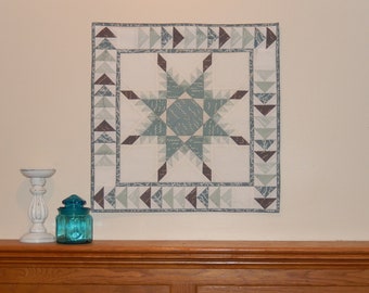 Table runner quilted, Wall hanging quilted, blue and gray