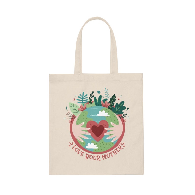 Love Your Mother Earth Canvas Tote Bag Reusable Grocery Bag Cute Farmer's Market Tote Gift for Environmentalists Earth Shopping Bag White Hands