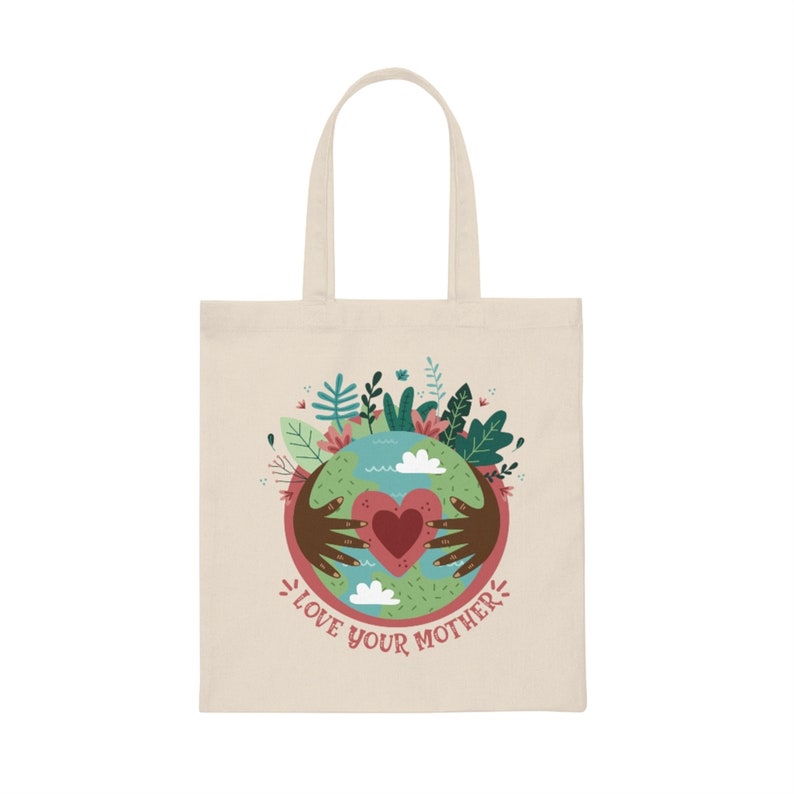 Love Your Mother Earth Canvas Tote Bag Reusable Grocery Bag Cute Farmer's Market Tote Gift for Environmentalists Earth Shopping Bag Black Hands