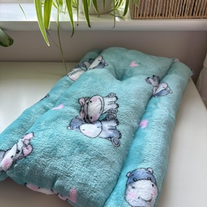 Peut inclure: Un coussin rectangulaire pour animaux de compagnie, de couleur turquoise clair, avec une texture douce et moelleuse. Il présente un motif répété d'hippopotames de dessin animé et de cœurs roses. Le coussin est en matériau matelassé.