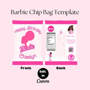 Barbie Birthday Chip Bag Template: Pink Party Favor (Digital)