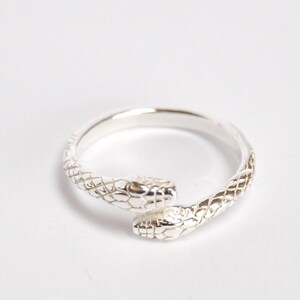 May include: A silver ring with a double snake design. The snakes are intertwined and have textured scales.