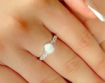 Sterling Silver White Opal Ring with Cubic Zirconia - October Birthstone