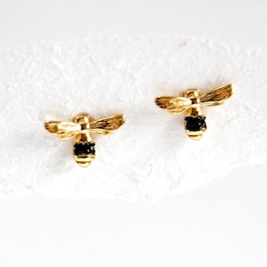 Gold Bee Stud Earrings: Black Cubic Zirconia, Sterling Silver