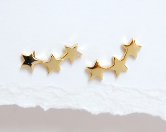 Gold Triple Star Ear Climber Earrings: Sterling Silver Celestial Studs