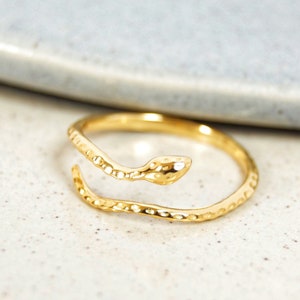 May include: A gold snake ring with a textured finish. The ring is open and adjustable.