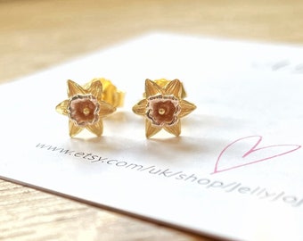 Gold Daffodil Stud Earrings: Sterling Silver March Birth Flower