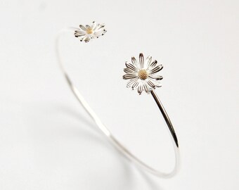 Bracelet Jonc Argent 925 Vintage - Décor Marguerites, Poinçonné, Style Artisanal, Occasion