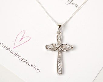Silver Cross Necklace, Infinity Necklace, Sterling Silver, Cubic Zirconia Pendant, Large Silver Cross and Infinity Necklace