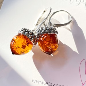 Cognac Amber Acorn Earrings: Sterling Silver Fall Jewelry