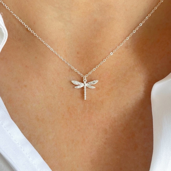 Dragonfly Necklace, Sterling Silver Cubic Zirconia Dragonfly, Dragonfly Pendant, Dainty Insect Necklace, Dainty Dragonfly Necklace