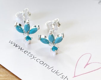 Turquoise Petal Earrings, 925 Sterling Silver Stud Earrings, Flower Earring, December Birthstone Gift