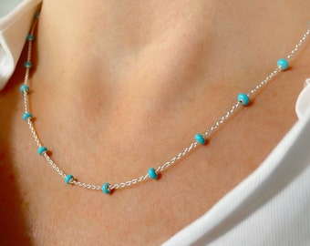 Turquoise Bead Necklace, Turquoise Satellite Necklace, Sterling Silver Necklace, Layering Necklace, Summer Necklace