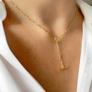 T Bar Necklace, Gold Oval Link Necklace, Sterling Silver Gold Plate Necklace, T-Bar Necklace, Layering Necklace, Oval Chain T Bar Necklace
