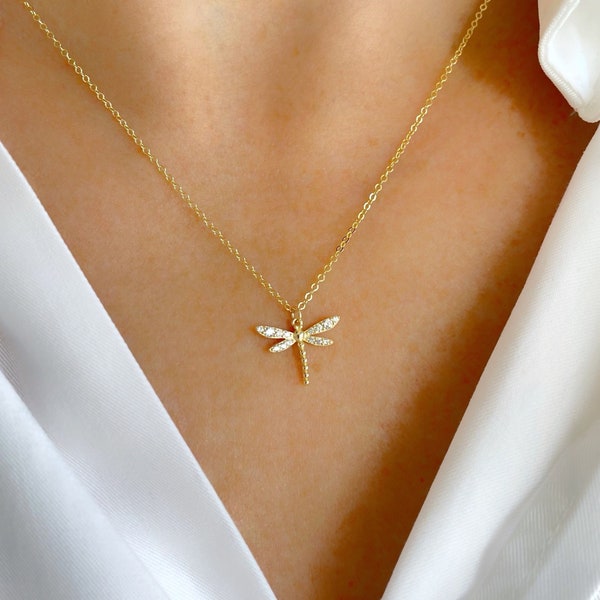 Dragonfly Necklace, Sterling Silver Cubic Zirconia Dragonfly, Dragonfly Pendant, Dainty Insect Necklace, Dainty Dragonfly Necklace