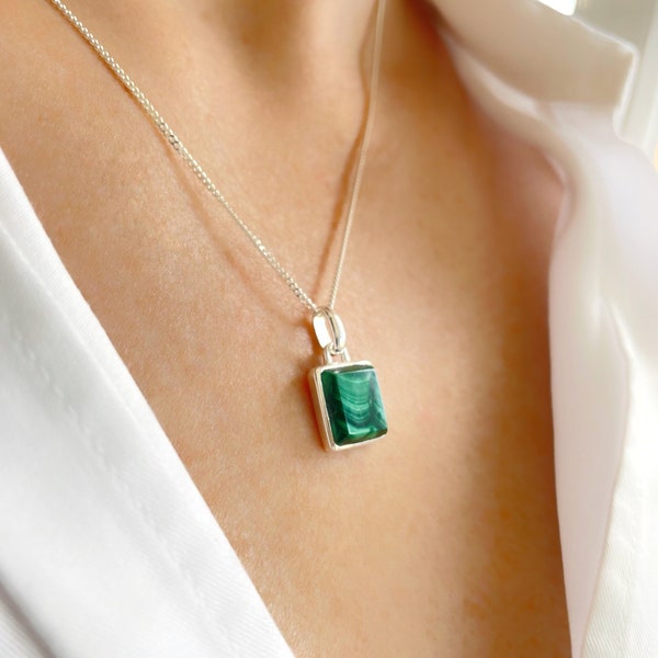 Malachite Square Necklace, Malachite Square Pendant, Sterling Silver Necklace, Layering Necklace, April and May Birthstone Gift