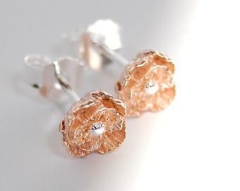Sterling Silver Poppy Earrings: Rose Gold August Birth Flower Jewellery