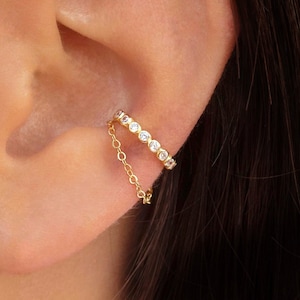 Ear Cuff, Gold Cubic Zirconia Ear Cuff, Chain Drop Ear Cuff, non pierced Ear Cuff, Sterling Silver Ear Cuff