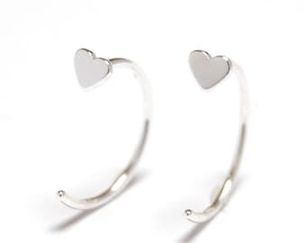 Silver Heart Huggie Hoops Pair, Silver Mini Heart Earrings, pull through Earrings, Minimalist Jewellery