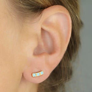 Turquoise Bar Earrings, 925 Sterling Silver T Bar Stud Earrings, Ear Creeper, Trio of Turquoise Square Earrings, Gift for Her
