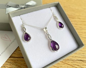 Amethist druppelketting en oorbellen set, sterlingzilver