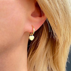 Huggie Hoop Heart Earrings, Gold Plate Love Heart Earrings, Heart Dangle Earrings, Mothers Day, Valentine Gift Earrings