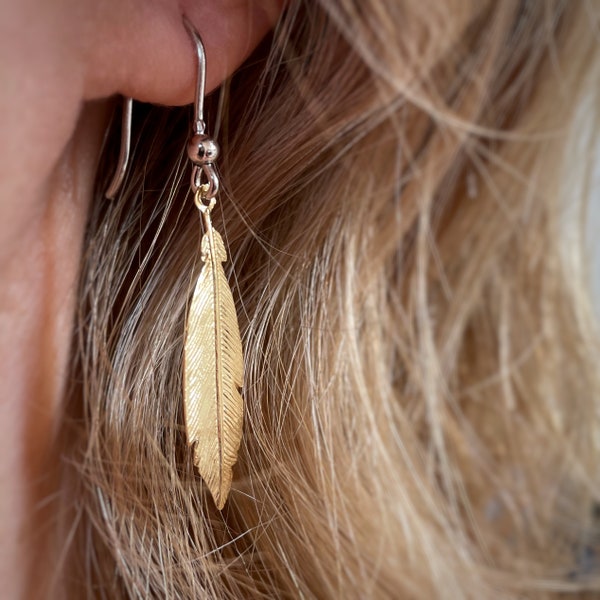 Feather Oorbellen, Gouden Feather Drop Oorbellen, Sterling Zilveren Bengelen Feather Oorbellen