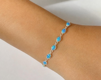 Pulsera de eslabones ovalados de ópalo azul: Plata de ley, piedra natal de octubre