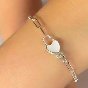 Heart Padlock Bracelet, Sterling Silver Link Bracelet , Padlock Bracelet, Heart Bracelet, Paperclip Bracelet, Gift for Her