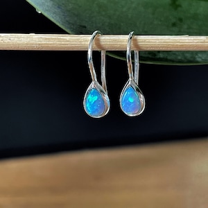 May include: A pair of silver teardrop earrings with blue opal stones.