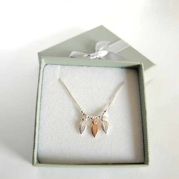 Feather Necklace, Choker Necklace, Box Chain, Sterling Silver Trio of Feathers Necklace, Dainty Necklace, Gold and Silver Feather Necklace