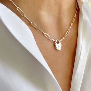 Padlock Necklace, 16” Sterling Silver Heart Padlock Necklace, Lock Chain Necklace, Padlock Paperclip Necklace, Paper Clip Choker Chain