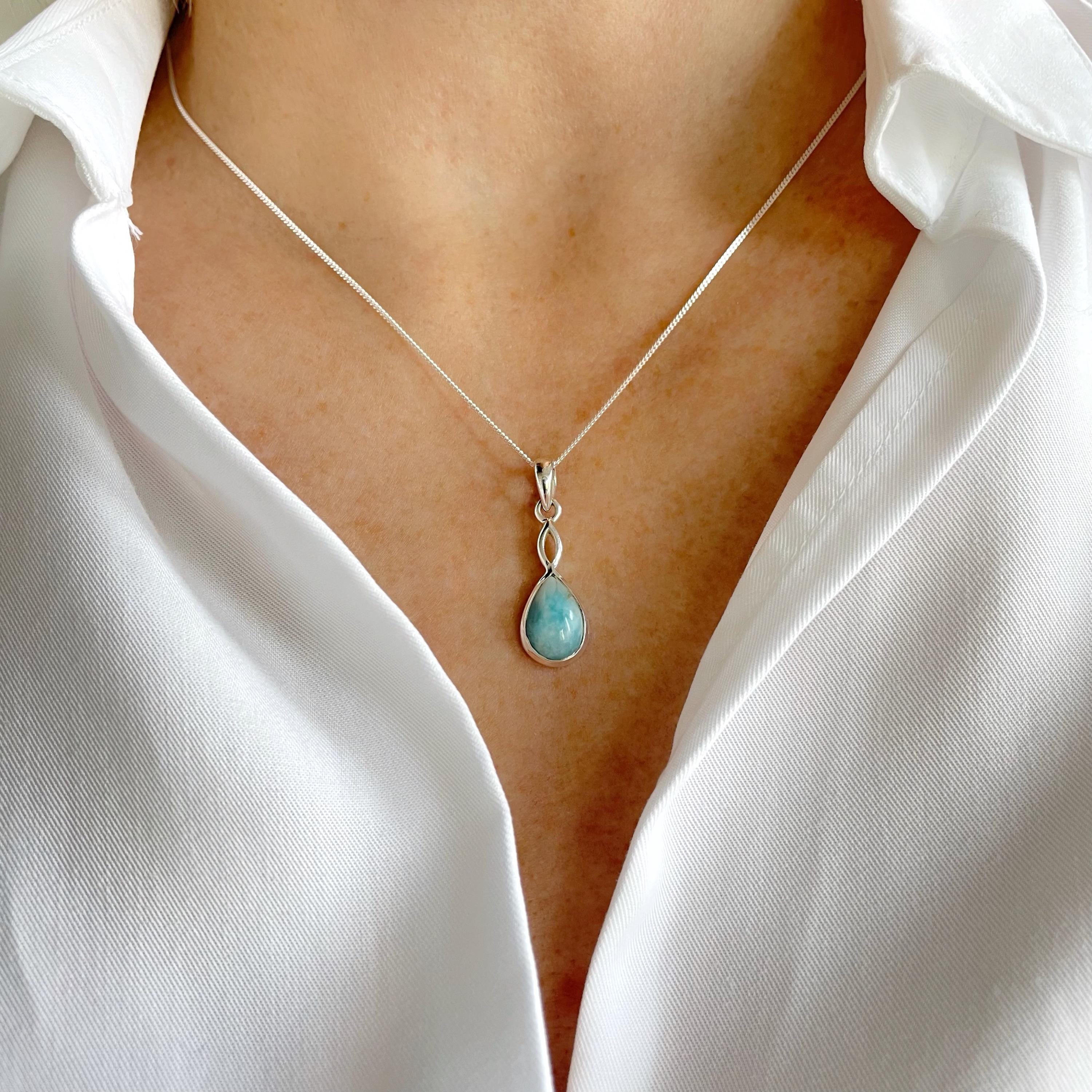 Larimar Necklace, Blue Larimar Single Teardrop Setting, 925 Sterling Silver, Larimar Gemstone Jewellery, Gift for Her
