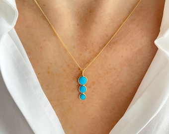 Turquoise Necklace, Blue Turquoise Droplet Necklace, Trio of Turquoise Necklace, Sterling Silver Gold Plate Necklace, December Birthstone