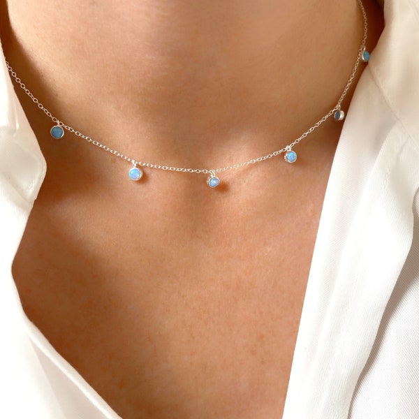 Opal Drop Necklace, Blue Opal Necklace, Dainty Necklace, Layering Necklace, October Birthstone