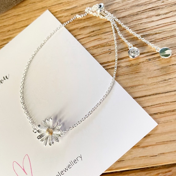 Daisy Bracelet, Sterling Silver Slider Bracelet, Adjustable